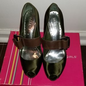 Green Satin and Brown Peep Toe Pumps